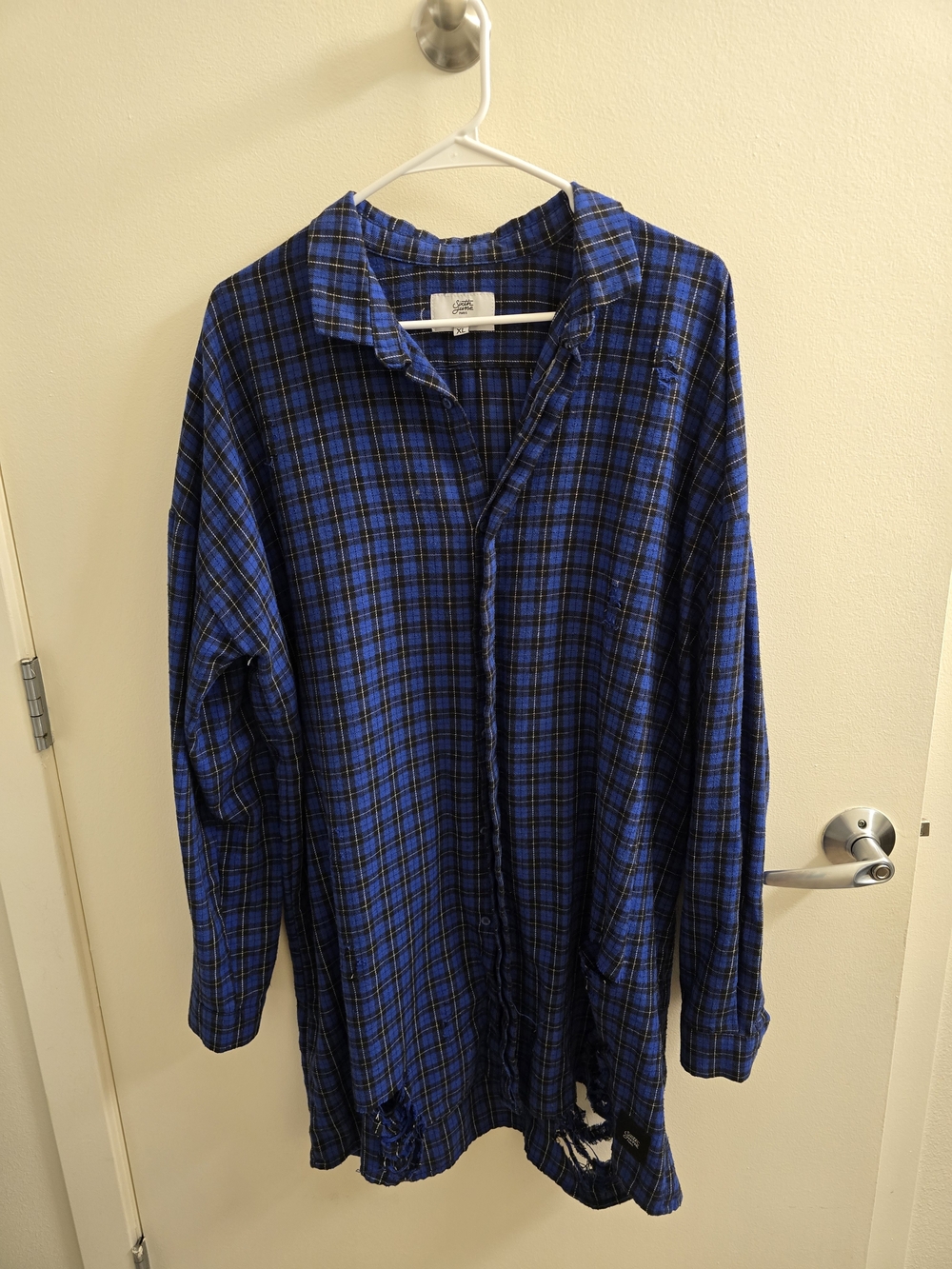 Distressed Blue Plaid Flannel Shirt